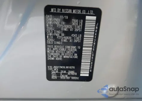 2020 Nissan Armada Sl 4Wd z USA, uszkodzony, nr VIN JN8AY2NC6L9618276